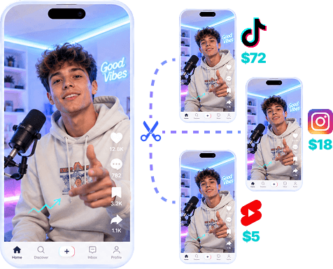 Clips generated from one source video for TikTok, Instagram, and YouTube Shorts.